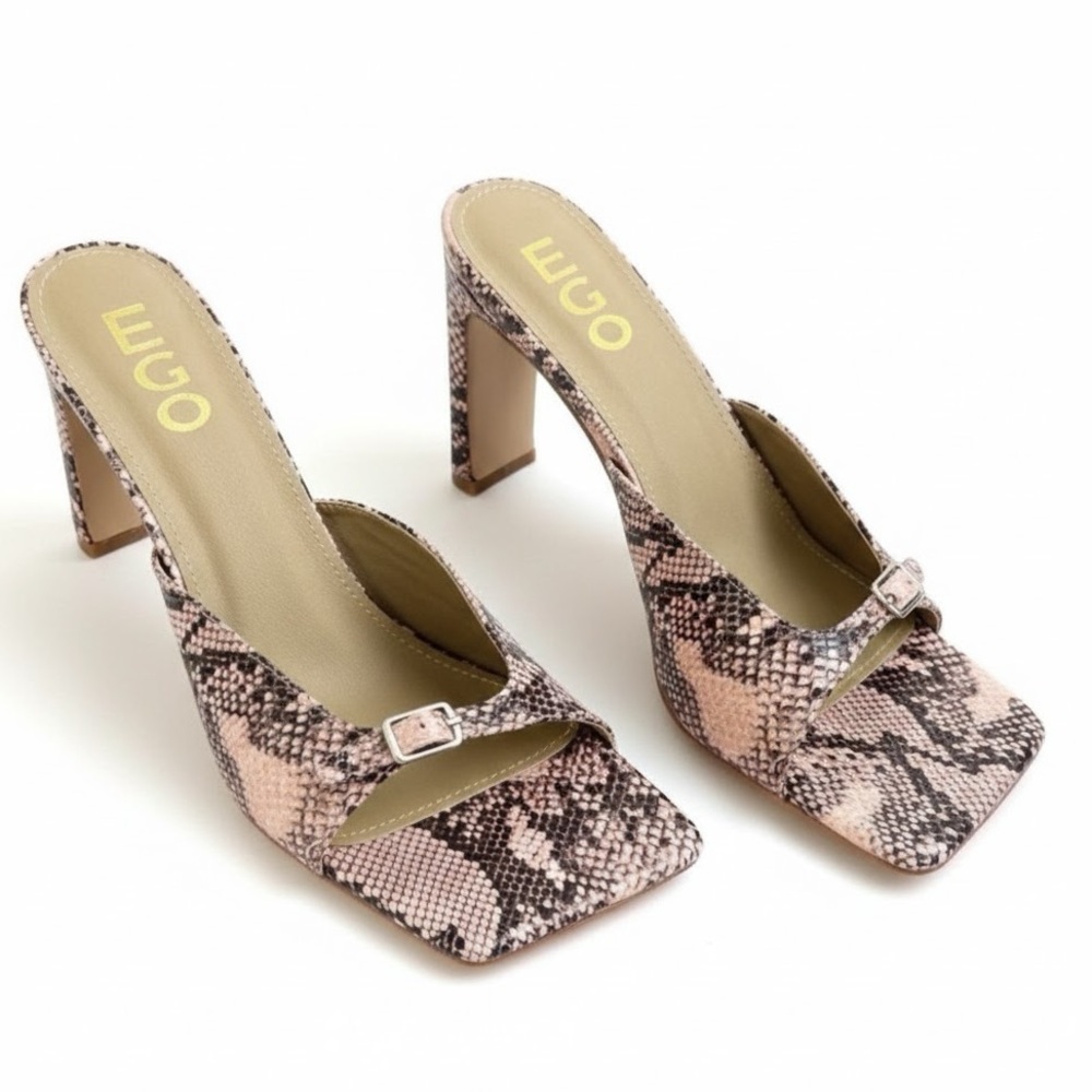 Ego Pink Brown Open Square Toe Enhance Snake Print Block Heels 8